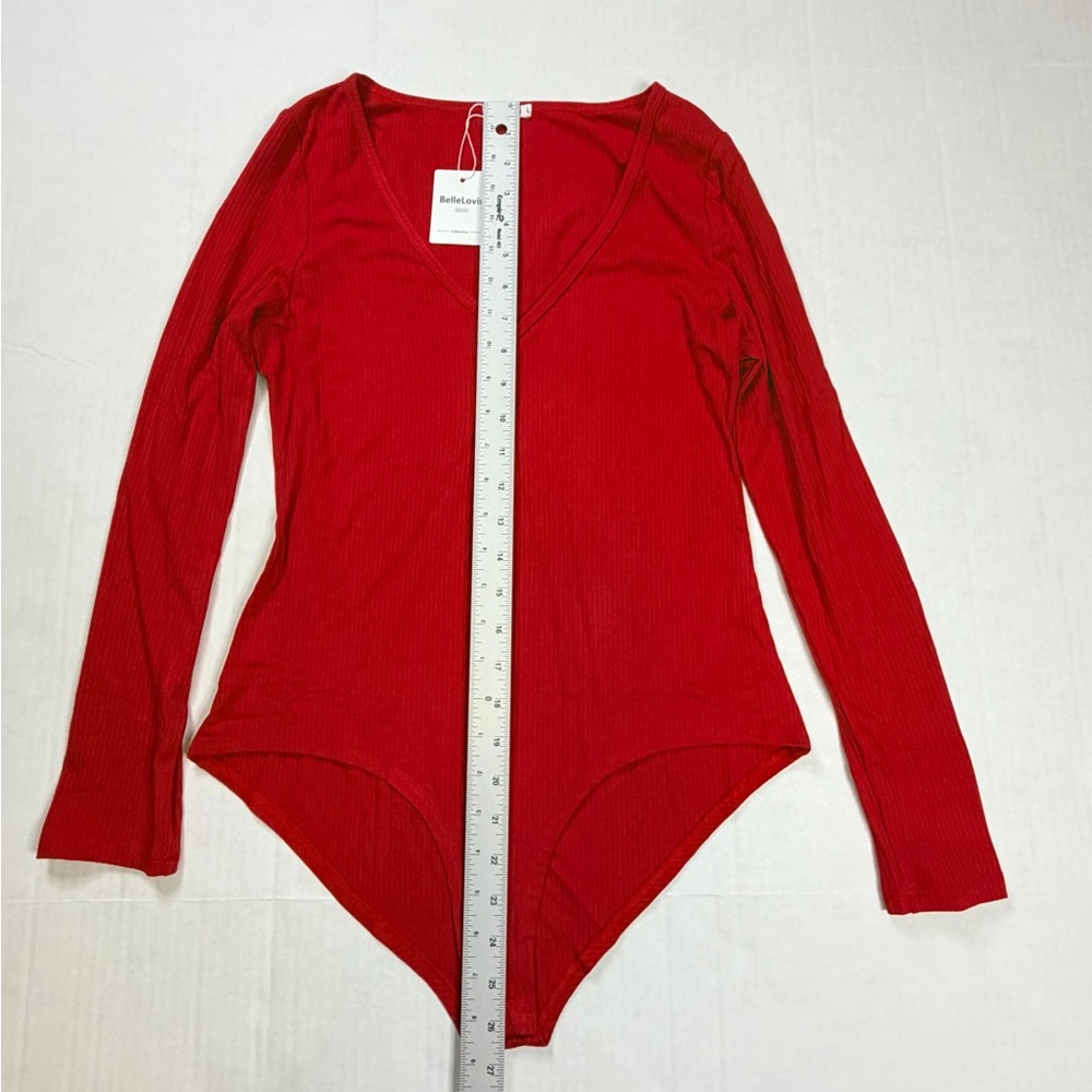 Red Ribbed V-Neck Long-Sleeve Bodysuit - Picture 7 of 8